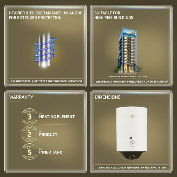 Vguard EC PRO, 10 Litre Storage water heater with 5 Star Rating, high quality inner tank, adjustable knob for temperature setting and 2 Year product warranty, White