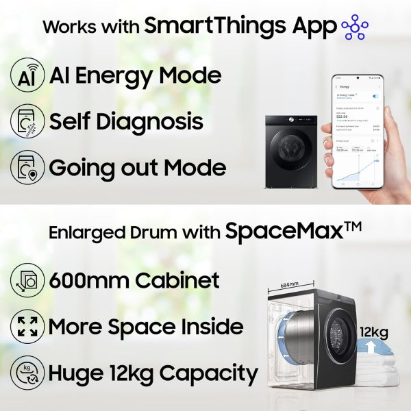 Samsung WW12DG5B24AXTL, 12Kg Fully Automatic Front Load Machine with AI Ecobubble, AI Energy Mode and 20 Year Motor Warranty, Inox