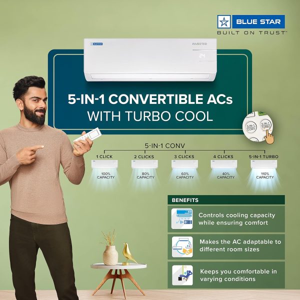 BlueStar IE318DKU, 1.5 Ton 3 Star Inverter Split AC with 100% Copper Condenser, 5-in-1 Convertible, Smart Ready and Turbo Cool, White