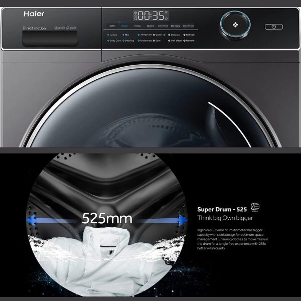 Haier HW80-DM14959CS8U1, 8KG 1400 RPM Fully Automatic Front Load Machine with Direct Motion Motor, 525MM Drum and Inbuilt Wi-Fi, Dark Silver