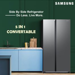 Samsung RS76CG80X0S9, 653 Litre 2 Star Side by Side Refrigerator with 5-in-1 Convertible Modes and 20 Year Compressor Warranty, Refined Inox
