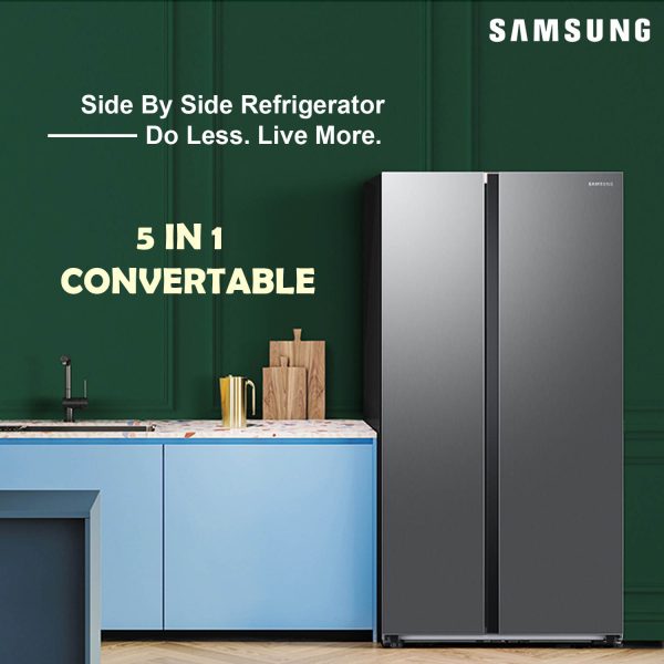 Samsung RS76CG80X0S9, 653 Litre 2 Star Side by Side Refrigerator with 5-in-1 Convertible Modes and 20 Year Compressor Warranty, Refined Inox
