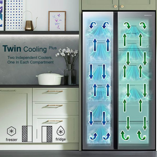 Samsung RS76CG80X0S9, 653 Litre 2 Star Side by Side Refrigerator with 5-in-1 Convertible Modes and 20 Year Compressor Warranty, Refined Inox