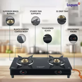 Livpure Luna 2B, 2 Burner Manual Ignition Cook-top with Pan Support, Heat Guard, Elegant Brass Burners & Valve, Black