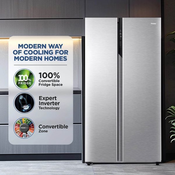 Haier HES-690SS, 596 Litre 3 Star Side-by-Side Refrigerator with 100% Convertible Fridge Space and Expert Inverter Technology, Shiny Silver