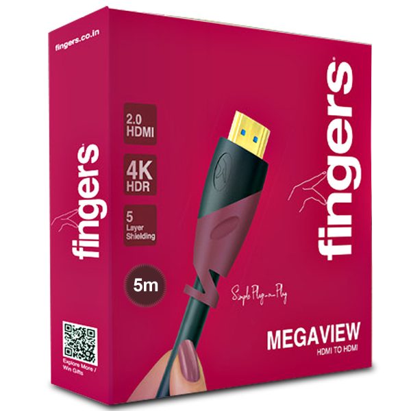 FINGERS Mega View 5 METER, HDMI-to-HDMI Cable - Ethernet, 4K HDR, 18 Gbps, Simple Plug-n-Play, Black