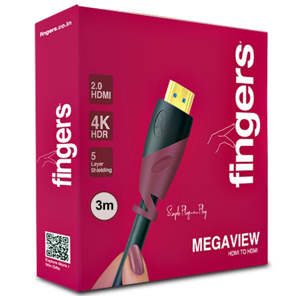 FINGERS Mega View 3 Meter, HDMI-to-HDMI Cable - Ethernet, 4K HDR, 18 Gbps, Simple Plug-n-Play, Black