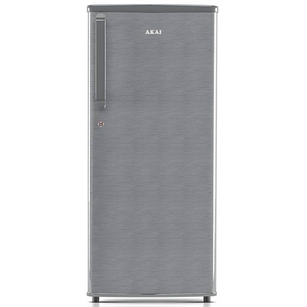 Akai AKDD2353-PHLG, 215 (L) 3 Star Direct Cool-Single Door Refrigerator, Wide Voltage, Manual+Push Defrost, Soft Crisper, LED Light, Hair Line Grey