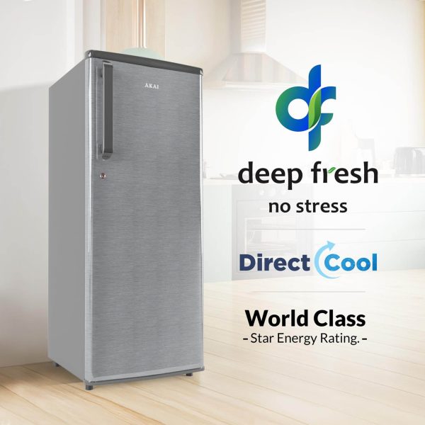 Akai AKDD2353-PHLG, 215 (L) 3 Star Direct Cool-Single Door Refrigerator, Wide Voltage, Manual+Push Defrost, Soft Crisper, LED Light, Hair Line Grey