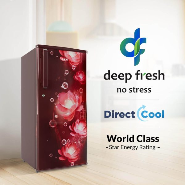 Akai AKDD2101-PCFW, 190 (L) 1 Star Direct Cool Single Door Refrigerator – Manual Defrost, Compact Home Fridge with LED Light, Crisper, R600a Gas, Glossier Wine