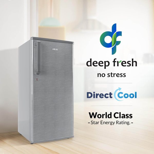 Akai AKDD2101-PHLG, 190 (L) 1 Star Direct Cool Single Door Refrigerator – Manual Defrost, Compact Home Fridge with LED Light, Crisper, Hair Line Grey