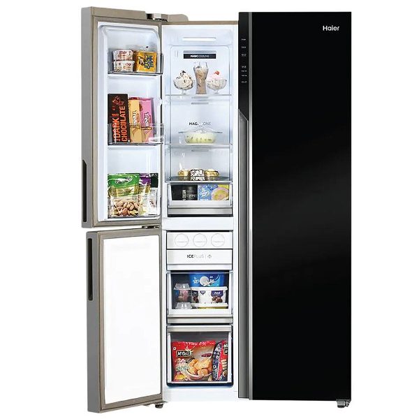 Haier HRT-683KWG, 598 Litre 3 Door Side-by-Side Refrigerator with 83% Convertible Fridge Space, Inverter and Smart Connectivity, Black White Glass