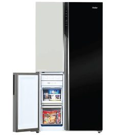 Haier HRT-683KWG, 598 Litre 3 Door Side-by-Side Refrigerator with 83% Convertible Fridge Space, Inverter and Smart Connectivity, Black White Glass