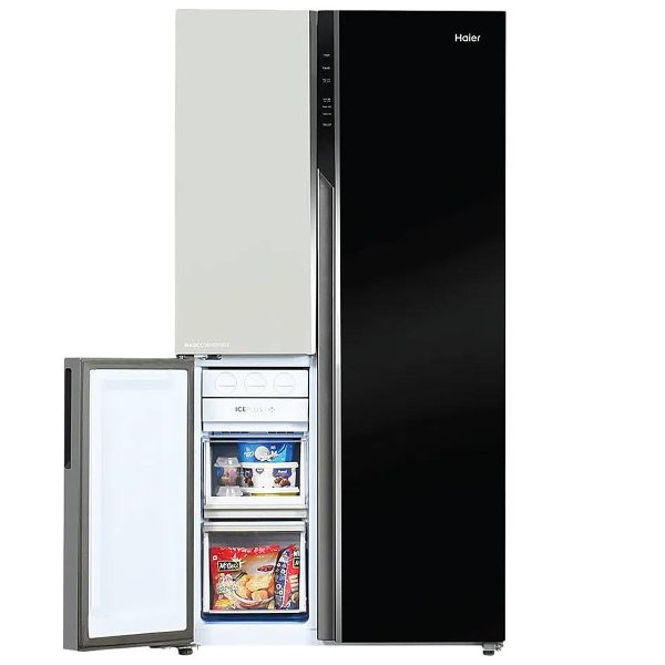 Haier HRT-683KWG, 598 Litre 3 Door Side-by-Side Refrigerator with 83% Convertible Fridge Space, Inverter and Smart Connectivity, Black White Glass