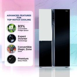 Haier HRT-683KWG, 598 Litre 3 Door Side-by-Side Refrigerator with 83% Convertible Fridge Space, Inverter and Smart Connectivity, Black White Glass