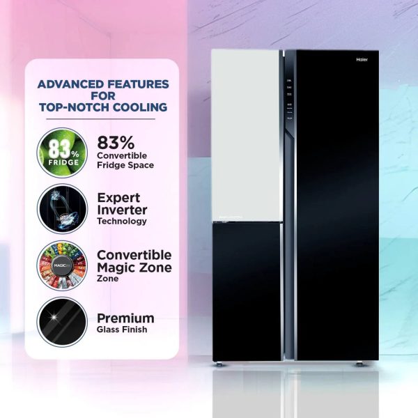 Haier HRT-683KWG, 598 Litre 3 Door Side-by-Side Refrigerator with 83% Convertible Fridge Space, Inverter and Smart Connectivity, Black White Glass