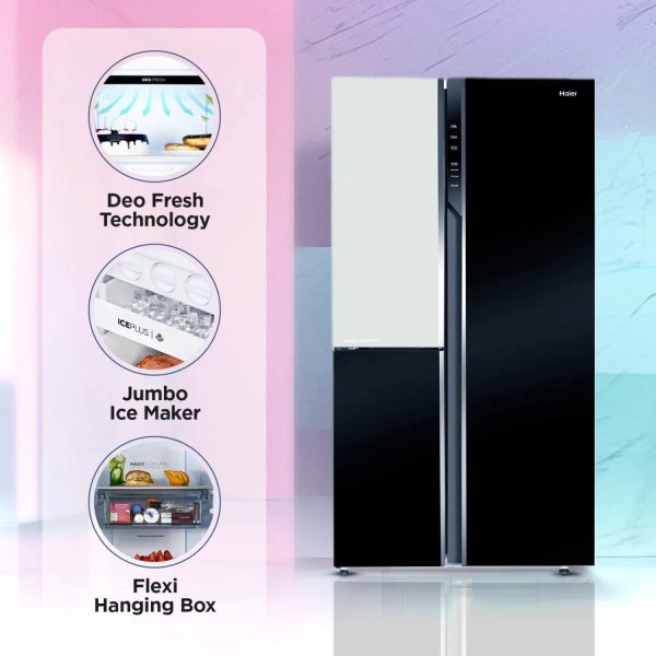 Haier HRT-683KWG, 598 Litre 3 Door Side-by-Side Refrigerator with 83% Convertible Fridge Space, Inverter and Smart Connectivity, Black White Glass
