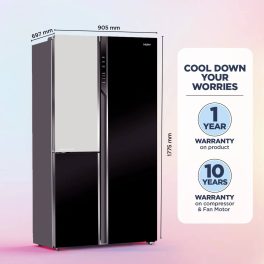 Haier HRT-683KWG, 598 Litre 3 Door Side-by-Side Refrigerator with 83% Convertible Fridge Space, Inverter and Smart Connectivity, Black White Glass