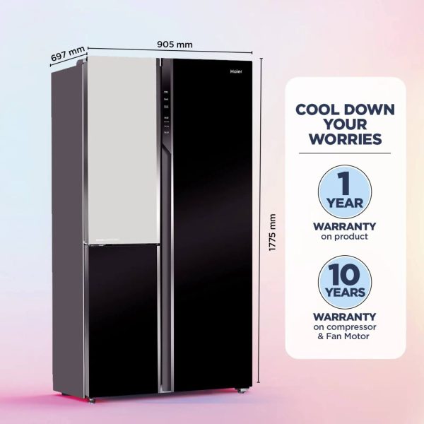 Haier HRT-683KWG, 598 Litre 3 Door Side-by-Side Refrigerator with 83% Convertible Fridge Space, Inverter and Smart Connectivity, Black White Glass