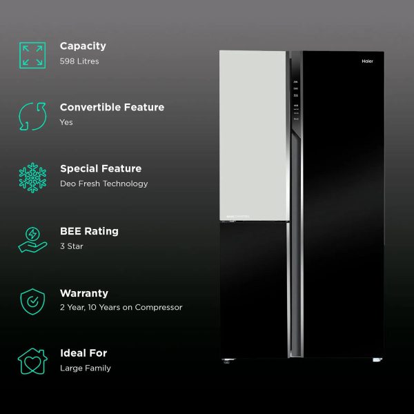 Haier HRT-683KWG, 598 Litre 3 Door Side-by-Side Refrigerator with 83% Convertible Fridge Space, Inverter and Smart Connectivity, Black White Glass