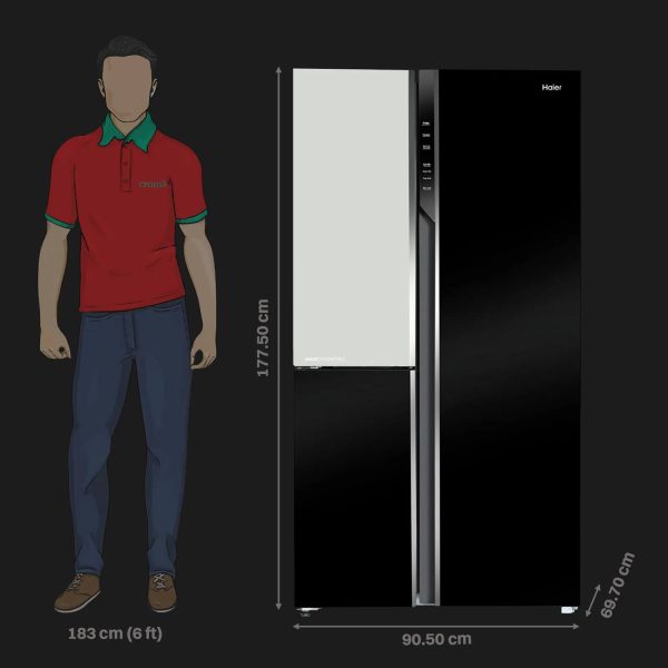 Haier HRT-683KWG, 598 Litre 3 Door Side-by-Side Refrigerator with 83% Convertible Fridge Space, Inverter and Smart Connectivity, Black White Glass