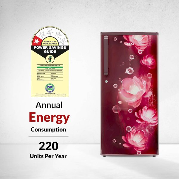 Akai AKDD2101-PCFW, 190 (L) 1 Star Direct Cool Single Door Refrigerator – Manual Defrost, Compact Home Fridge with LED Light, Crisper, R600a Gas, Glossier Wine