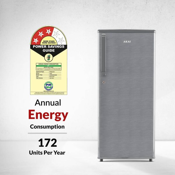 Akai AKDD2353-PHLG, 215 (L) 3 Star Direct Cool-Single Door Refrigerator, Wide Voltage, Manual+Push Defrost, Soft Crisper, LED Light, Hair Line Grey