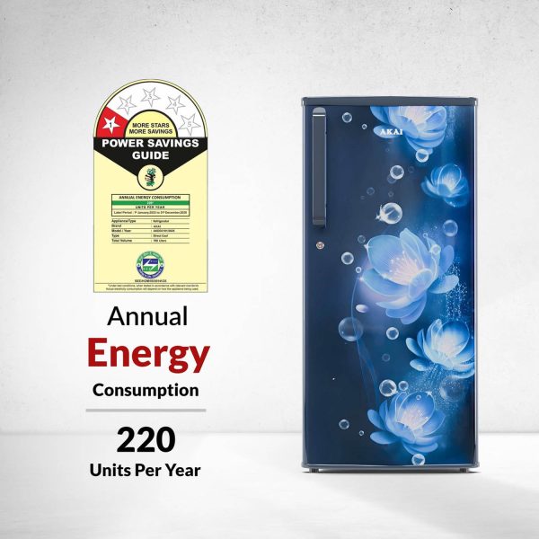 Akai AKDD2101-PCFB, 190 (L) 1 Star Direct Cool Single Door Refrigerator – Manual Defrost, Compact Home Fridge with LED Light, Crisper, R600a Gas, Glossier Blue