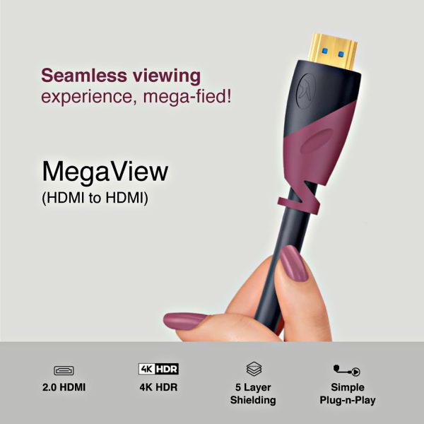 FINGERS Mega View 5 METER, HDMI-to-HDMI Cable - Ethernet, 4K HDR, 18 Gbps, Simple Plug-n-Play, Black