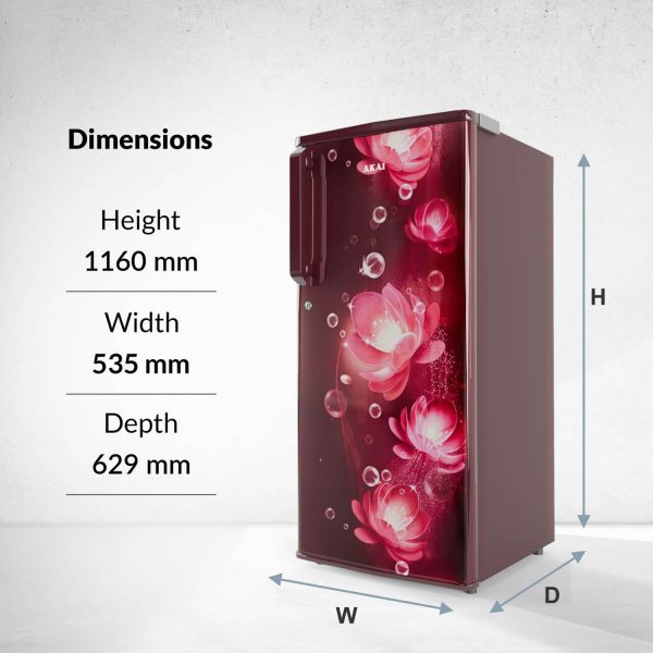 Akai AKDD2101-PCFW, 190 (L) 1 Star Direct Cool Single Door Refrigerator – Manual Defrost, Compact Home Fridge with LED Light, Crisper, R600a Gas, Glossier Wine