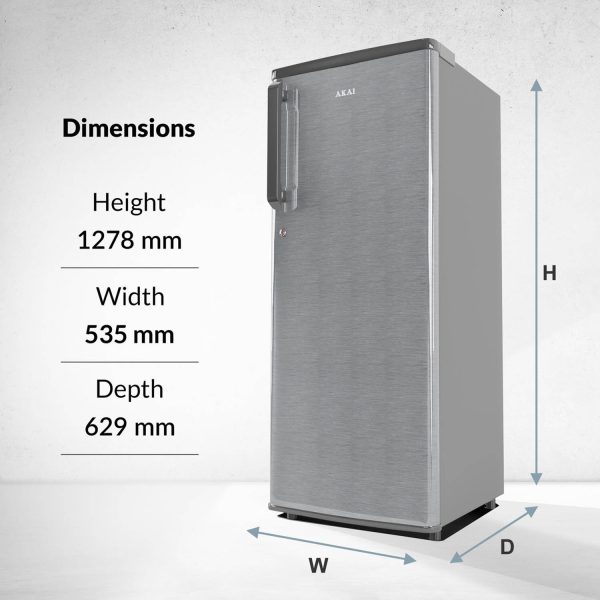 Akai AKDD2353-PHLG, 215 (L) 3 Star Direct Cool-Single Door Refrigerator, Wide Voltage, Manual+Push Defrost, Soft Crisper, LED Light, Hair Line Grey