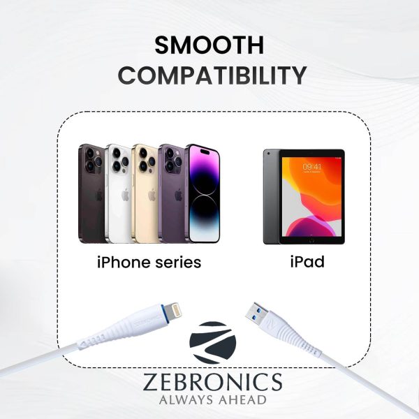 Zebronics ZEB-ULC101 USB to Lighting Cable with 2A efficient Charging, 1 Meter Long Durable Design, Compatible with iPhone, iPad, Macbook, iMac, AirPods, and Data Transfer Feature. (White)