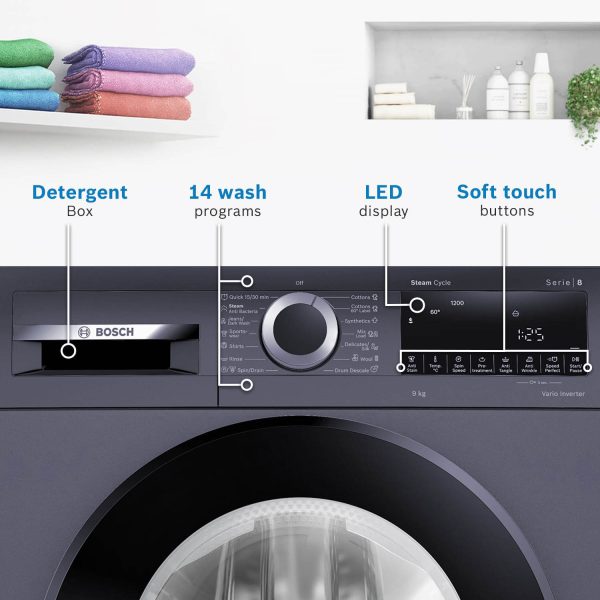 BOSCH WGA254ZPIN, 10 kg 5 Star 1400 RPM Fully Automatic Front Load Washing Machine, Built-in Heater and Steam Care, Dark Lake