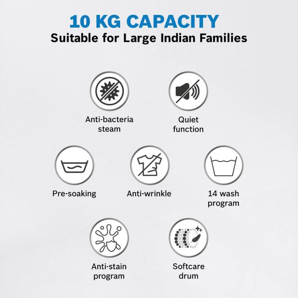 BOSCH WGA254ZSIN, 10 kg 5 Star 1400 RPM Fully Automatic Front Load Washing Machine, Built-in Heater and Steam Care, Silver