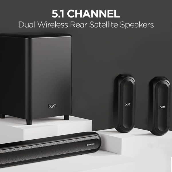 boAt Aavante Bar 3200D,5.1 Channel Soundbar with Powerful Subwoofer, 3D Surround Sound and Dolby Audio, Dual Wireless Rear Satellite Speakers, Multiple Connectivity Modes (Premium Black)