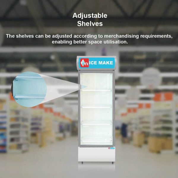 ICEMAKE IMVC450, Single Door Visi Cooler (457 Liter), Fog-Free Glass, Adjustable Shelves & Vertical LED Light, Grey