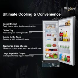 Whirlpool 215 IMPRO GD ROY, 192 Litre 3 Star Icemagic Pro Direct Cool-Single Door Glass Finish Refrigerator with Base Drawer, Inverter Compressor and and Upto 7 Days Garden Freshness, Silvia