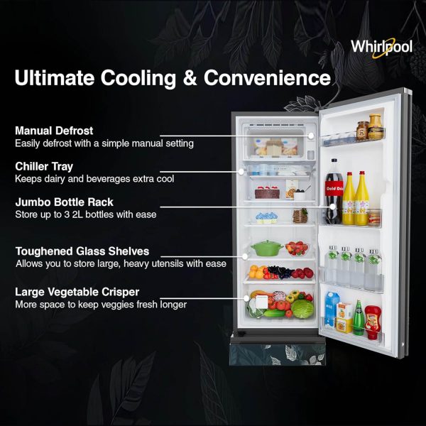 Whirlpool 215 IMPRO GD ROY, 192 Litre 3 Star Icemagic Pro Direct Cool-Single Door Glass Finish Refrigerator with Base Drawer, Inverter Compressor and and Upto 7 Days Garden Freshness, Silvia