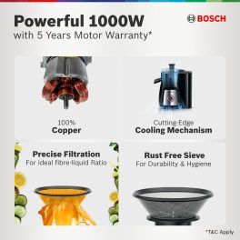 Bosch MJ8722A1KI, 2 Jar-True Mixx Juicer Mixer Grinder, 1000W Standalone, Dual Locking System, Anti Drip Spout, 100% Copper Moter, Black