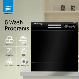Voltas Beko DT8B, Free Standing 8 Place Settings Intensive Kadhai Cleaning, Inbuilt Heater, No Pre-rinse Required Dishwasher, Black