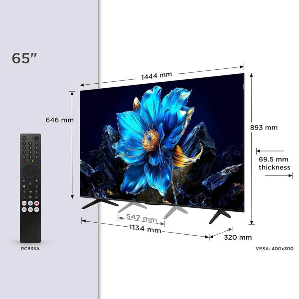 TCL 65P7K-UK, 165.1cm (65 inch) QLED 4K Ultra HD HDR Google TV (Google Assistant, BBC iPlayer, Dolby Atmos, Dolby Vision, HDR10+, 120Hz Game Accelerator, Motion Clarity, Black