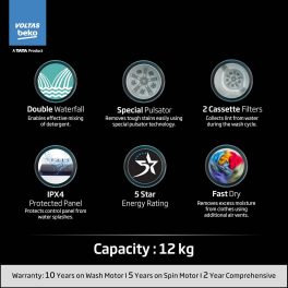 Voltas Beko WTT120UPABL5KPTD, A Tata Product 12 Kg 5 Star Semi-Automatic Top Load Washing Machine, Special pulsator and Double waterfall Technology, Blue