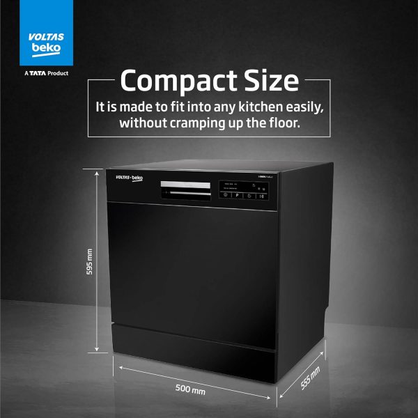 Voltas Beko DT8B, Free Standing 8 Place Settings Intensive Kadhai Cleaning, Inbuilt Heater, No Pre-rinse Required Dishwasher, Black