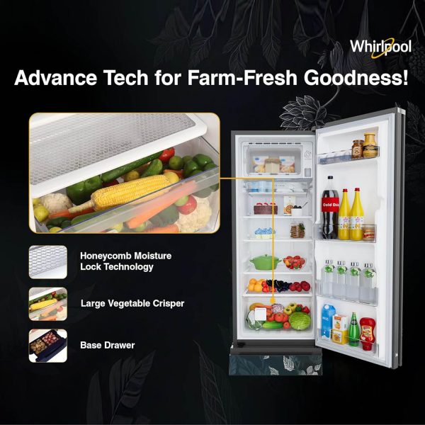 Whirlpool 215 IMPRO GD ROY, 192 Litre 3 Star Icemagic Pro Direct Cool-Single Door Glass Finish Refrigerator with Base Drawer, Inverter Compressor and and Upto 7 Days Garden Freshness, Silvia