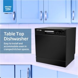 Voltas Beko DT8B, Free Standing 8 Place Settings Intensive Kadhai Cleaning, Inbuilt Heater, No Pre-rinse Required Dishwasher, Black
