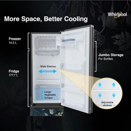 Whirlpool 215 IMPRO GD ROY, 192 Litre 3 Star Icemagic Pro Direct Cool-Single Door Glass Finish Refrigerator with Base Drawer, Inverter Compressor and and Upto 7 Days Garden Freshness, Silvia