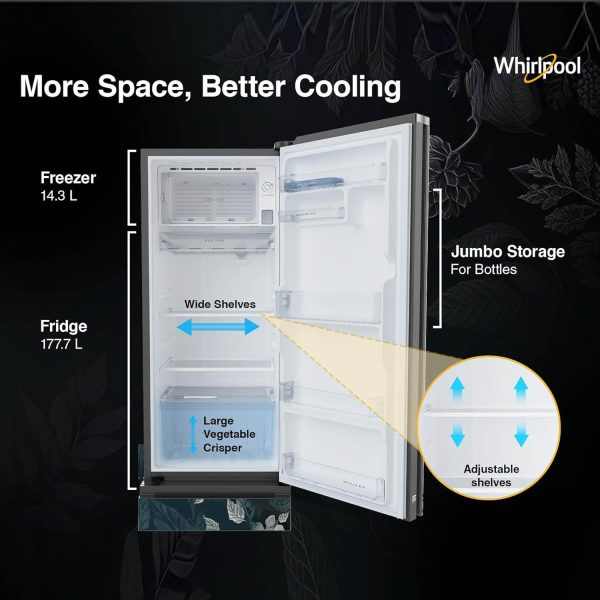 Whirlpool 215 IMPRO GD ROY, 192 Litre 3 Star Icemagic Pro Direct Cool-Single Door Glass Finish Refrigerator with Base Drawer, Inverter Compressor and and Upto 7 Days Garden Freshness, Silvia