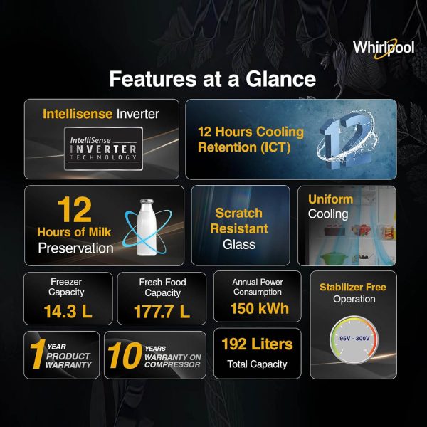 Whirlpool 215 IMPRO GD ROY, 192 Litre 3 Star Icemagic Pro Direct Cool-Single Door Glass Finish Refrigerator with Base Drawer, Inverter Compressor and and Upto 7 Days Garden Freshness, Silvia
