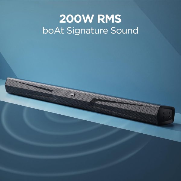boAt Aavante Bar Quake, Wired Subwoofer, 200W RMS Signature Sound, 2.1CH, Multiple Ports, Bass & Treble Controls, 4 EQ Modes, Bluetooth Sound bar, Home Theatre Soundbar Speaker (Midnight Black)