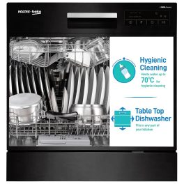 Voltas Beko DT8B, Free Standing 8 Place Settings Intensive Kadhai Cleaning, Inbuilt Heater, No Pre-rinse Required Dishwasher, Black
